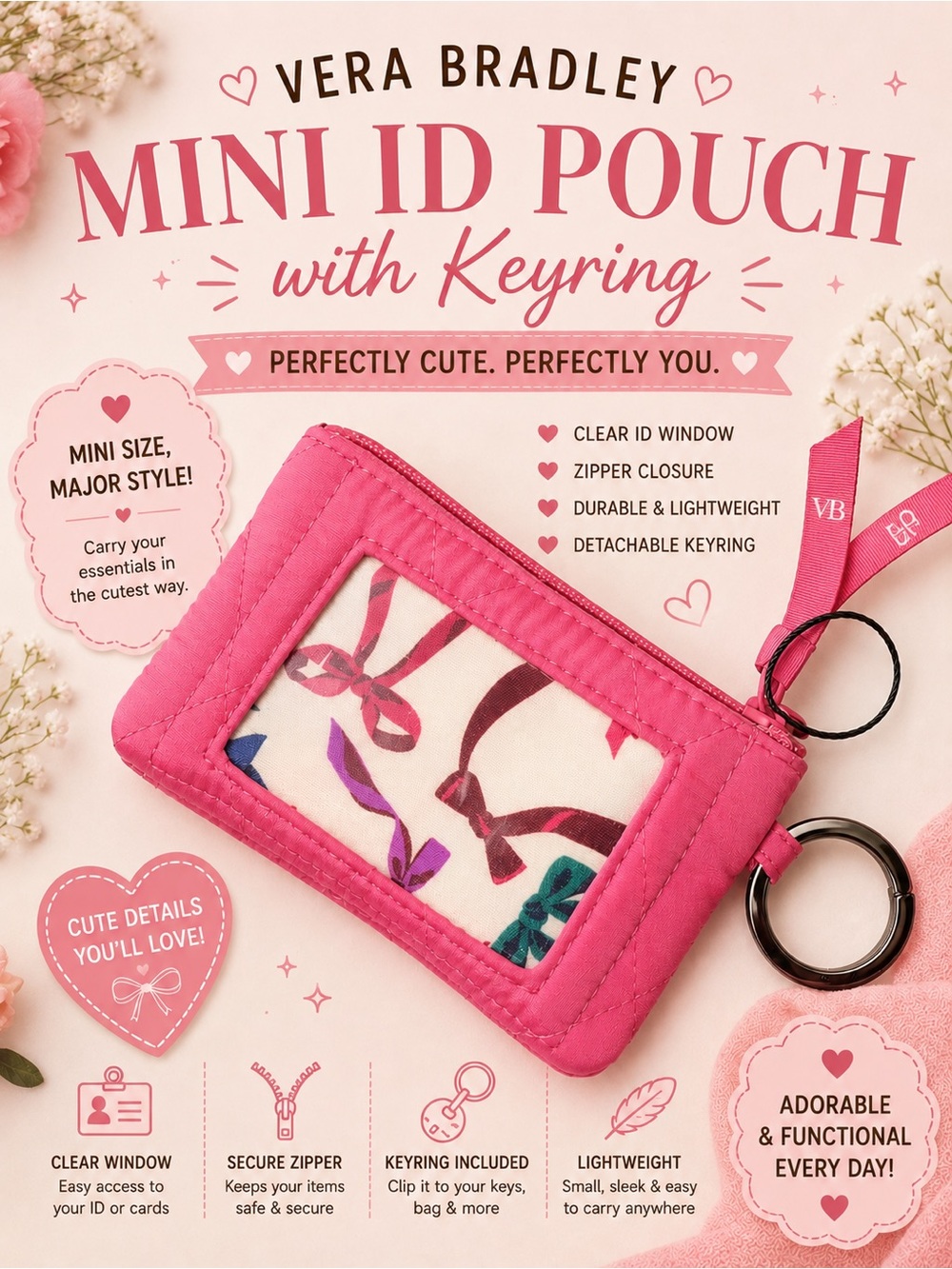 Vera Bradley Hot Pink Mini ID Pouch with Keyring